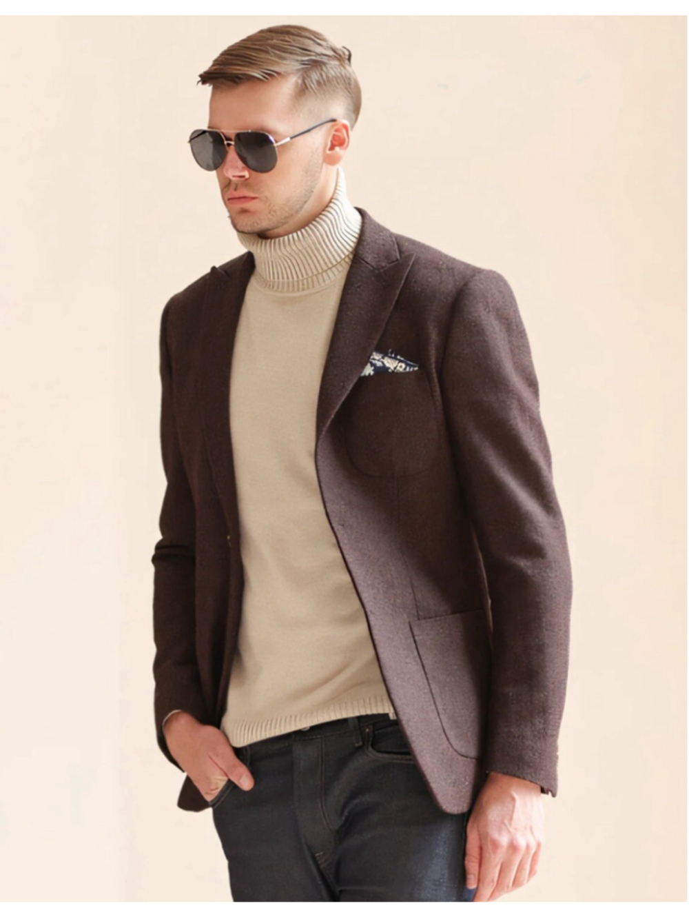 Tuxaro Men's Vintage Herringbone Coffee Tweed Peak Lapel Blazer Jacket 40R